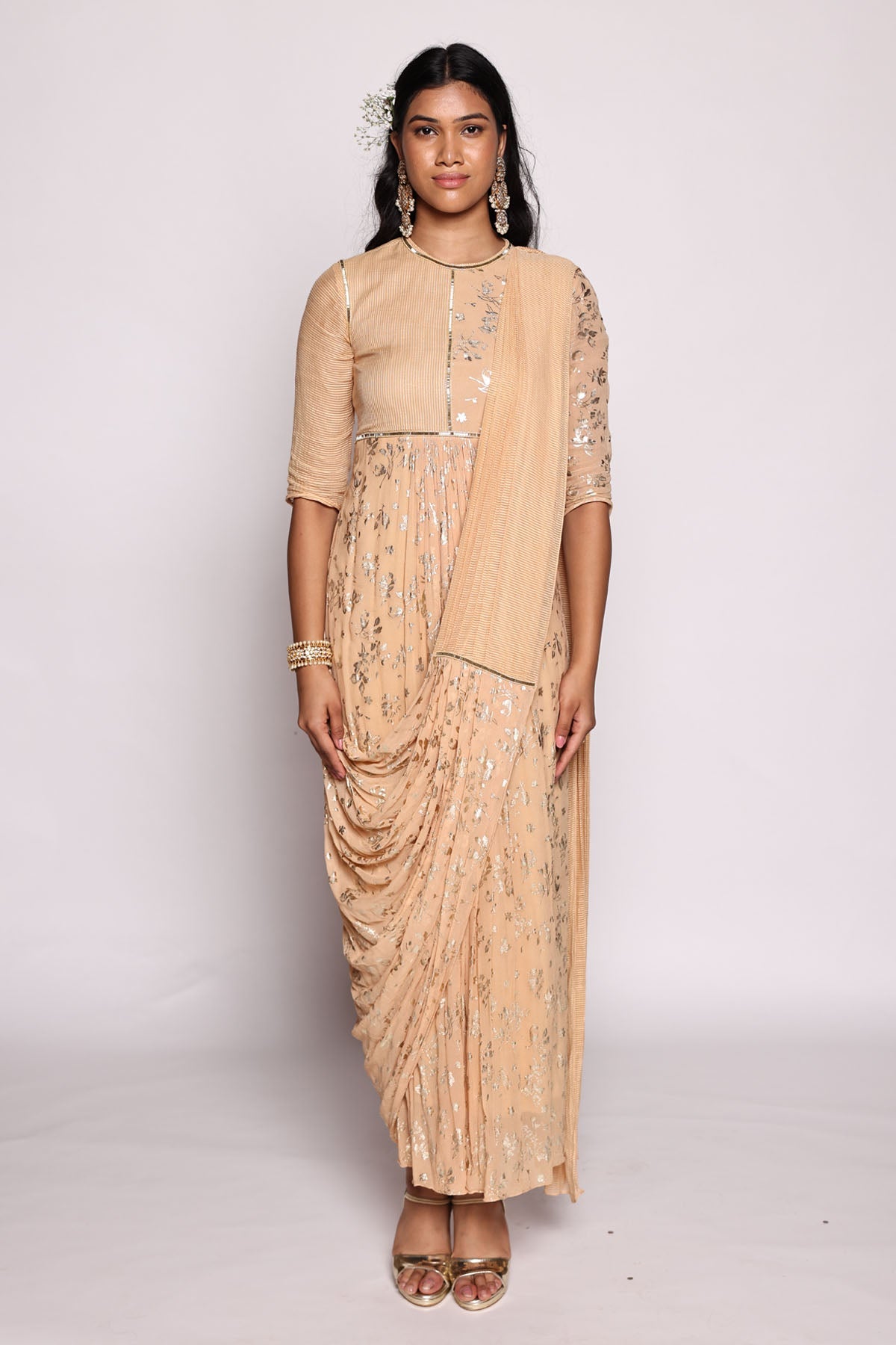 Beige Foil Print Pre Drape Saree at ScrollnShops